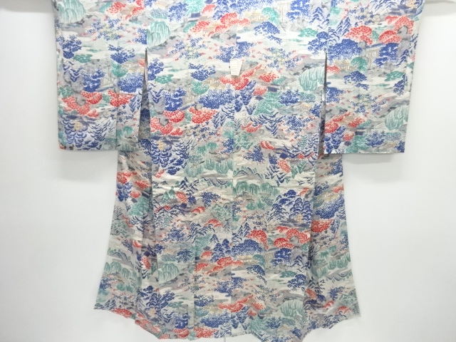 JAPANESE KIMONO / ANTIQUE MON KINSHA WATER MILL HOUSE PATTERN TEMPLE J